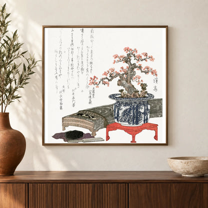 Plum Blossom In Pot (1830) Vintage Japanese Print By Keisai Eisen — Japanese Ukiyo-e shown in a styled interior