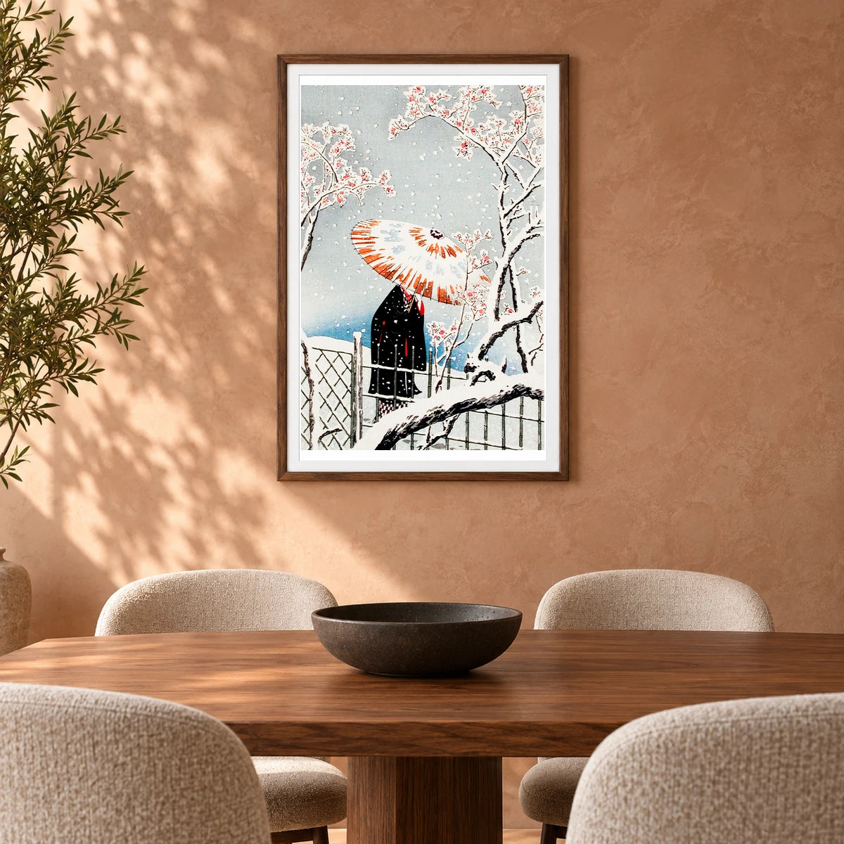 Plum Tree In Snow Print In High Resolution By Hiroaki Takahashi — Japanese Ukiyo-e shown in a styled interior