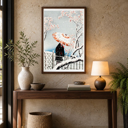 Plum Tree In Snow Print In High Resolution By Hiroaki Takahashi — Japanese Ukiyo-e shown in a styled interior