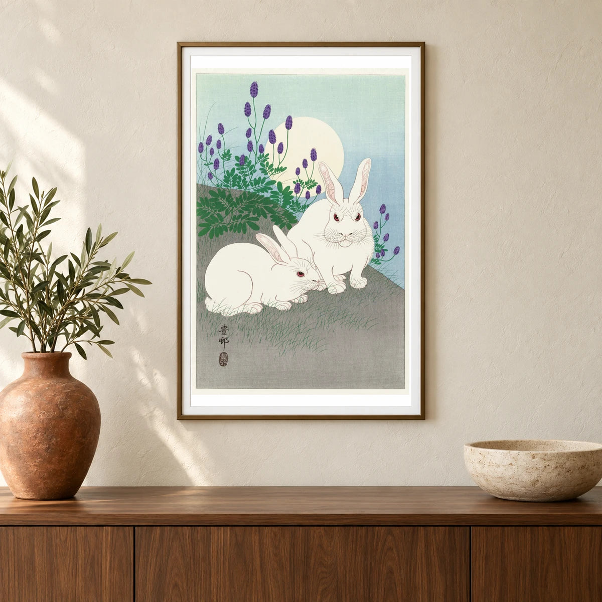 Rabbits At Full Moon (1920 1930) By Ohara Koson — Japanese Ukiyo-e shown in a styled interior