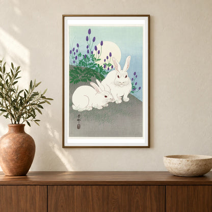 Rabbits At Full Moon (1920 1930) By Ohara Koson — Japanese Ukiyo-e shown in a styled interior