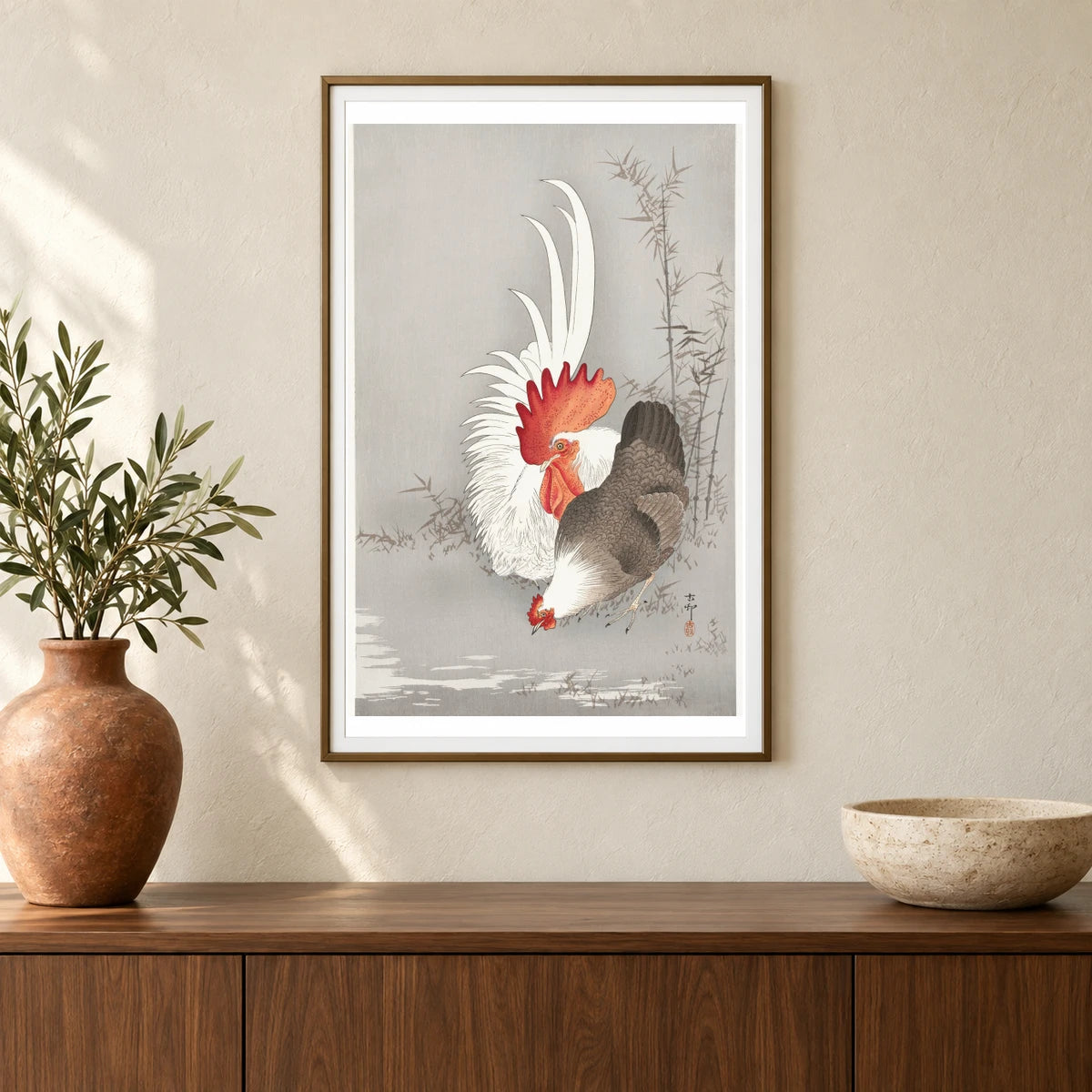 Rooster And Chicken (1900 1930) By Ohara Koson — Japanese Ukiyo-e shown in a styled interior