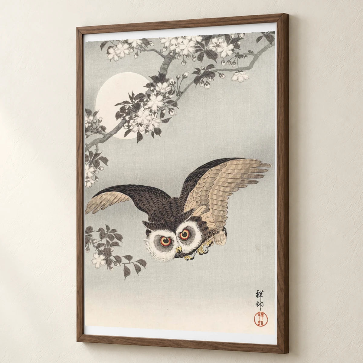 Scops Owl, Cherry Blossoms, And Moon, Woodblock Print, Ink And Color On Paper — Japanese Ukiyo-e japanese ukiyo-e print by SaamCrafts