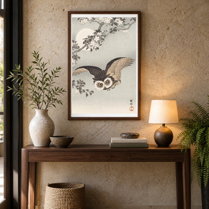 Scops Owl, Cherry Blossoms, And Moon, Woodblock Print, Ink And Color On Paper — Japanese Ukiyo-e shown in a styled interior