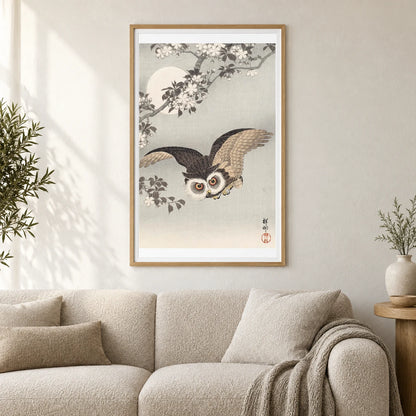 Scops Owl, Cherry Blossoms, And Moon, Woodblock Print, Ink And Color On Paper — Japanese Ukiyo-e shown in a styled interior