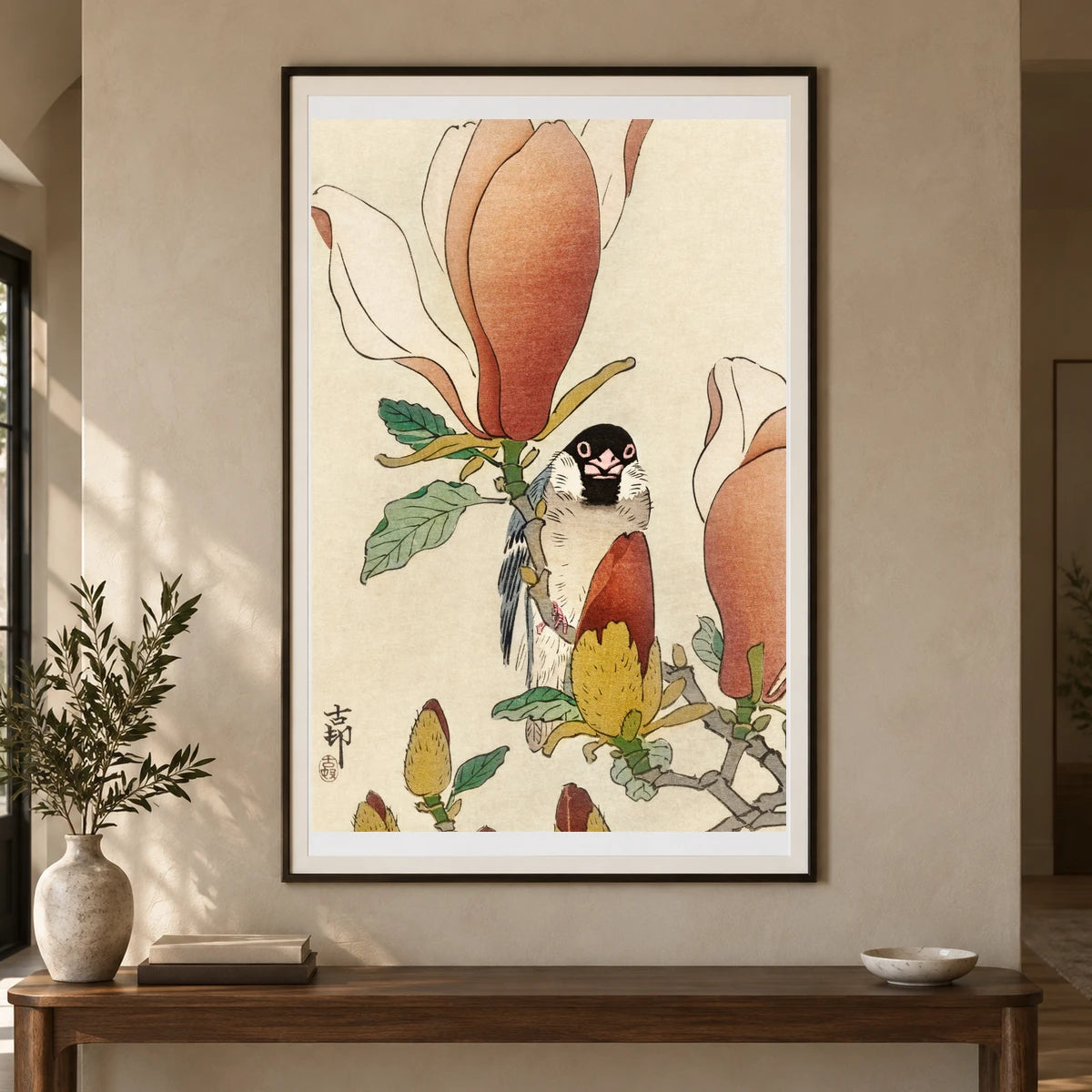 Sparrow On Blooming Magnolia Branch (1900 1930) By Ohara Koson — Japanese Ukiyo-e shown in a styled interior