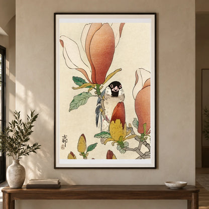 Sparrow On Blooming Magnolia Branch (1900 1930) By Ohara Koson — Japanese Ukiyo-e shown in a styled interior