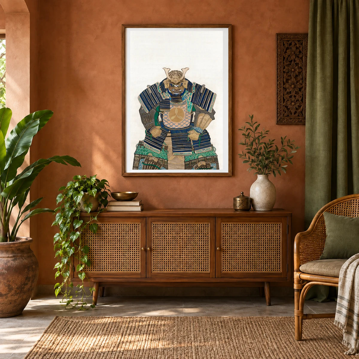 Suit Of Armor (1830) By Mihata Joryu — Japanese Ukiyo-e shown in a styled interior