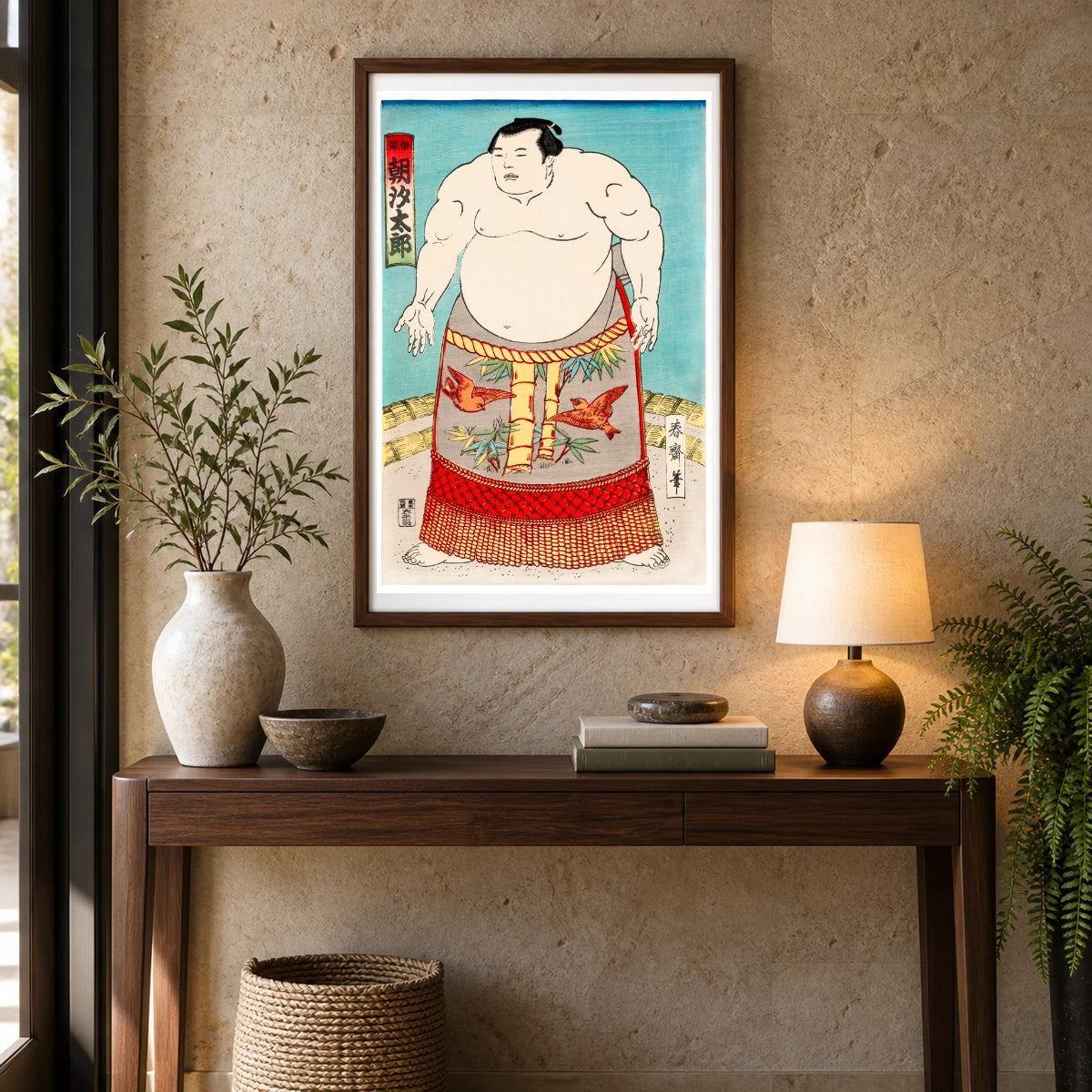 Sumo Wrestler (1868 1900) Vintage Ukiyo E Style — Japanese Ukiyo-e shown in a styled interior