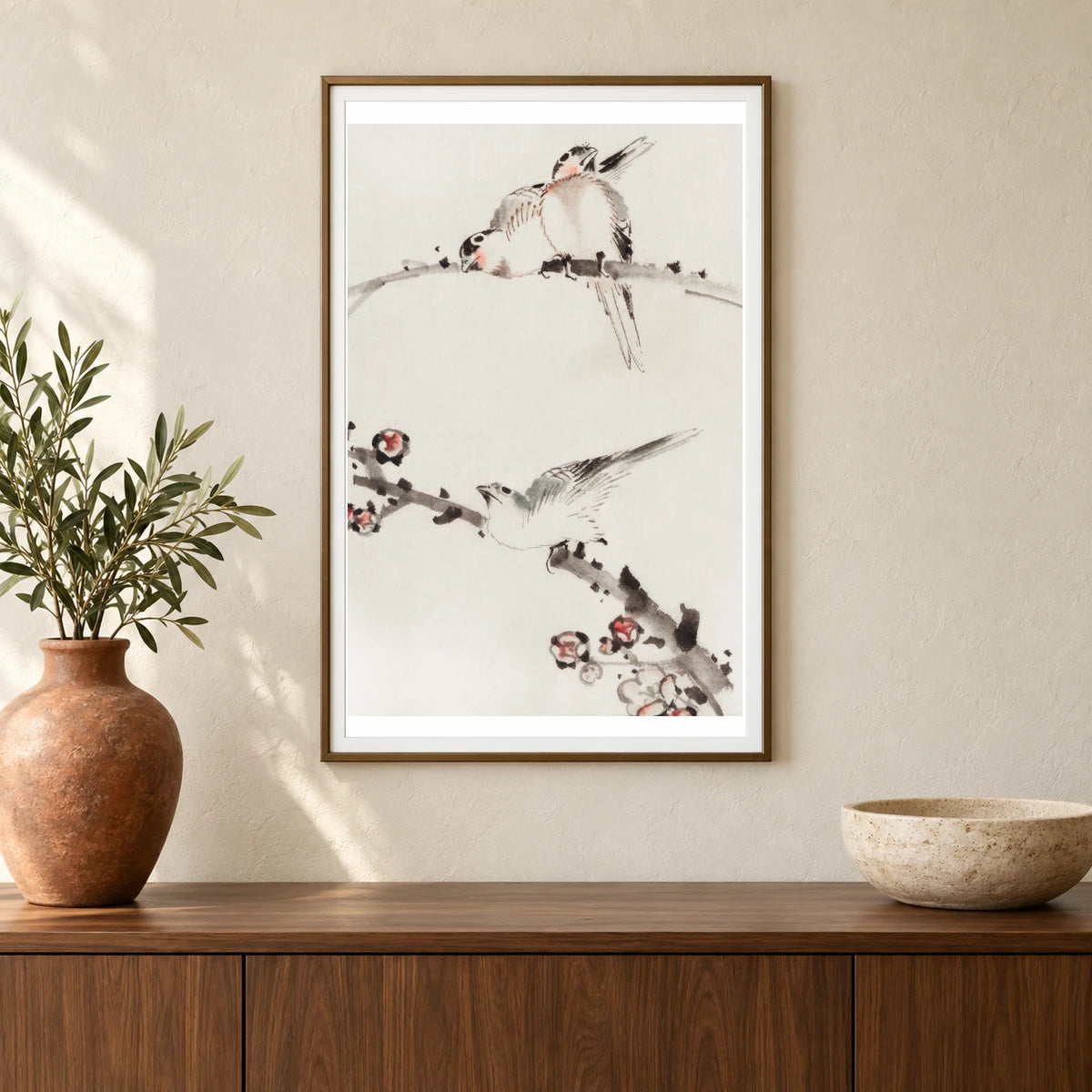 Three Birds Perched On Branches, One With Blossoms By Katsushika Hokusai — Japanese Ukiyo-e shown in a styled interior