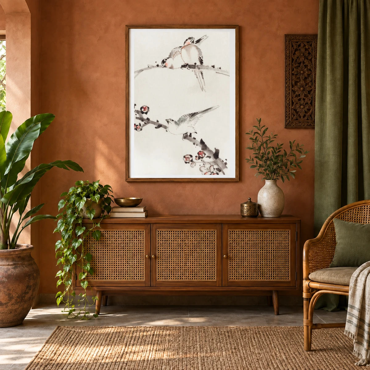 Three Birds Perched On Branches, One With Blossoms By Katsushika Hokusai — Japanese Ukiyo-e shown in a styled interior