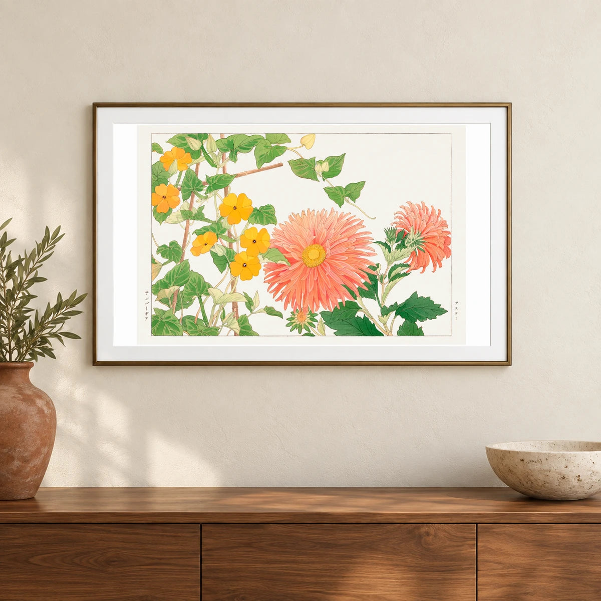 Thunbergia & Aster Flower, By Tanigami Kônan — Japanese Ukiyo-e shown in a styled interior