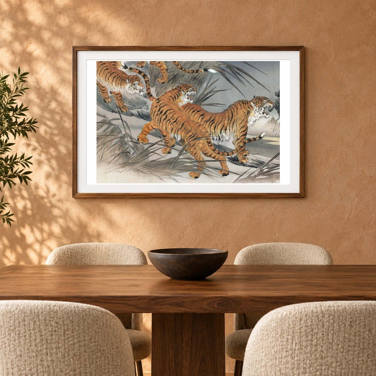 Tigers And Soldiers (1895) Japanese Ukiyo E Art By Fukuda Hatsujirô — Japanese Ukiyo-e shown in a styled interior