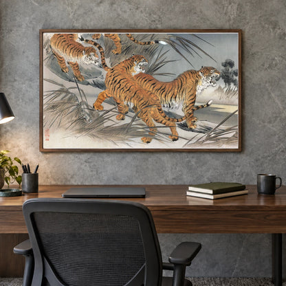 Tigers And Soldiers (1895) Japanese Ukiyo E Art By Fukuda Hatsujirô — Japanese Ukiyo-e shown in a styled interior