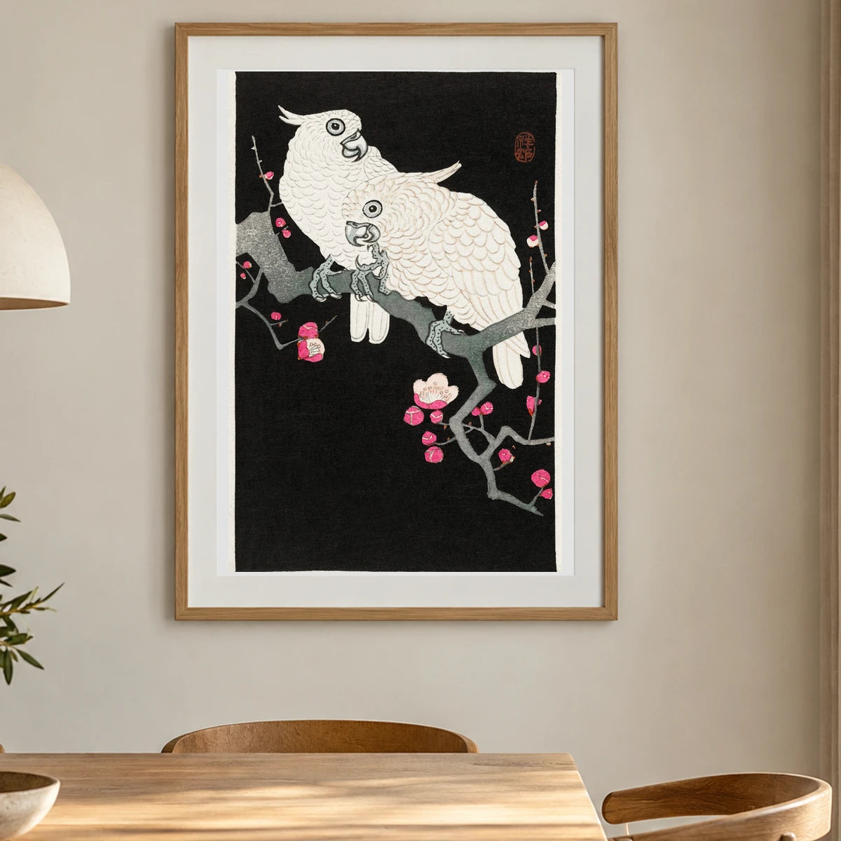 Two Cockatoo And Plum Blossom (1925 1936) By Ohara Koson — Japanese Ukiyo-e shown in a styled interior