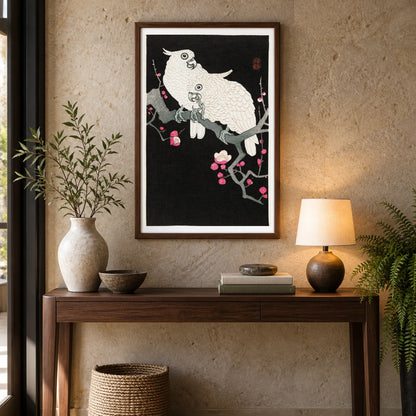 Two Cockatoo And Plum Blossom (1925 1936) By Ohara Koson — Japanese Ukiyo-e shown in a styled interior