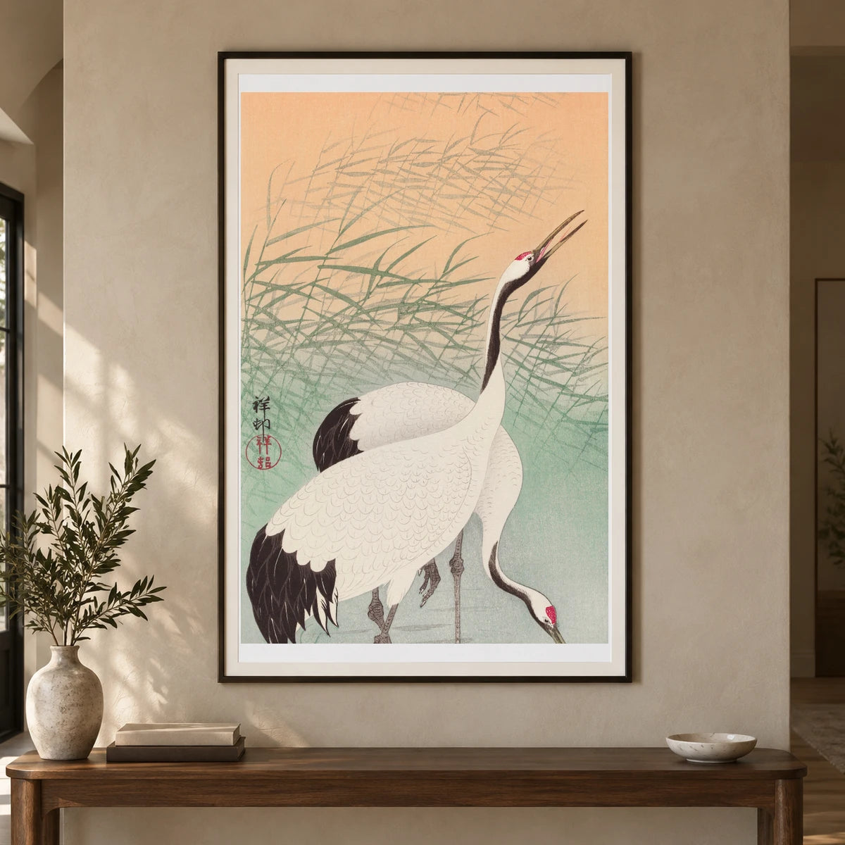 Two Cranes (1925 1936) By Ohara Koson — Japanese Ukiyo-e shown in a styled interior