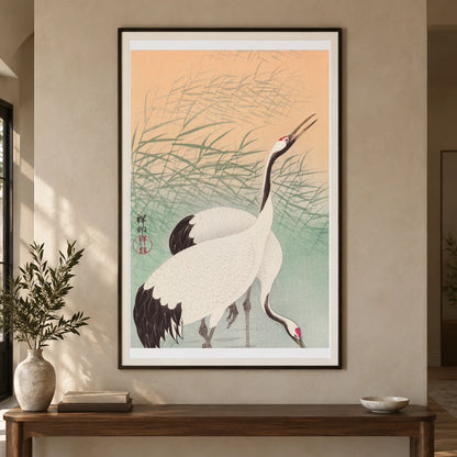 Two Cranes (1925 1936) By Ohara Koson — Japanese Ukiyo-e shown in a styled interior