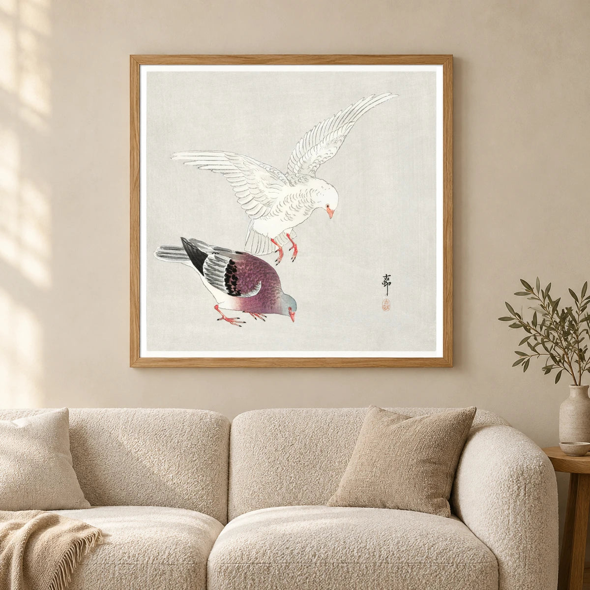 Two Pigeons (1877 1945) By Ohara Koson — Japanese Ukiyo-e shown in a styled interior