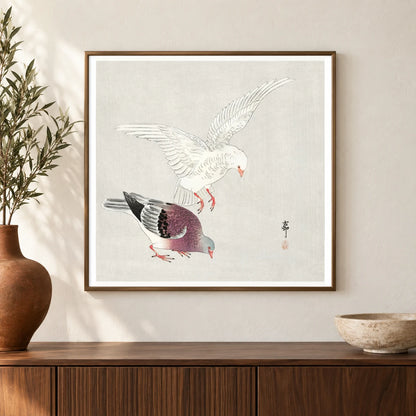 Two Pigeons (1877 1945) By Ohara Koson — Japanese Ukiyo-e shown in a styled interior