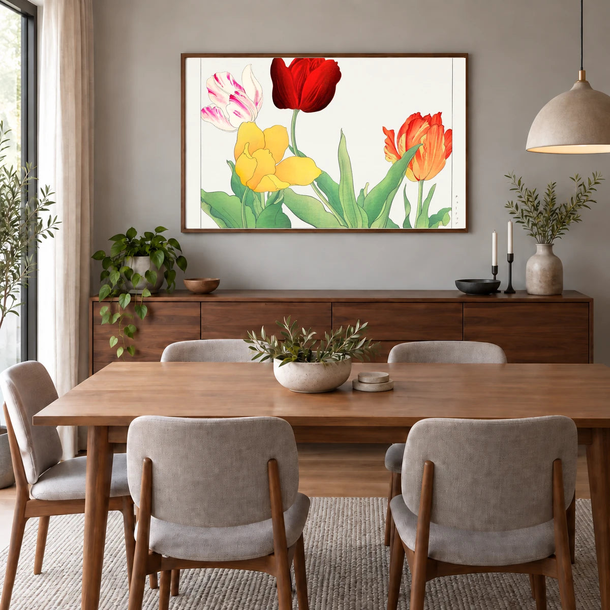 Vintage Tulip, Ukiyo E Artwork. By Tanigami Kônan. — Japanese Ukiyo-e shown in a styled interior
