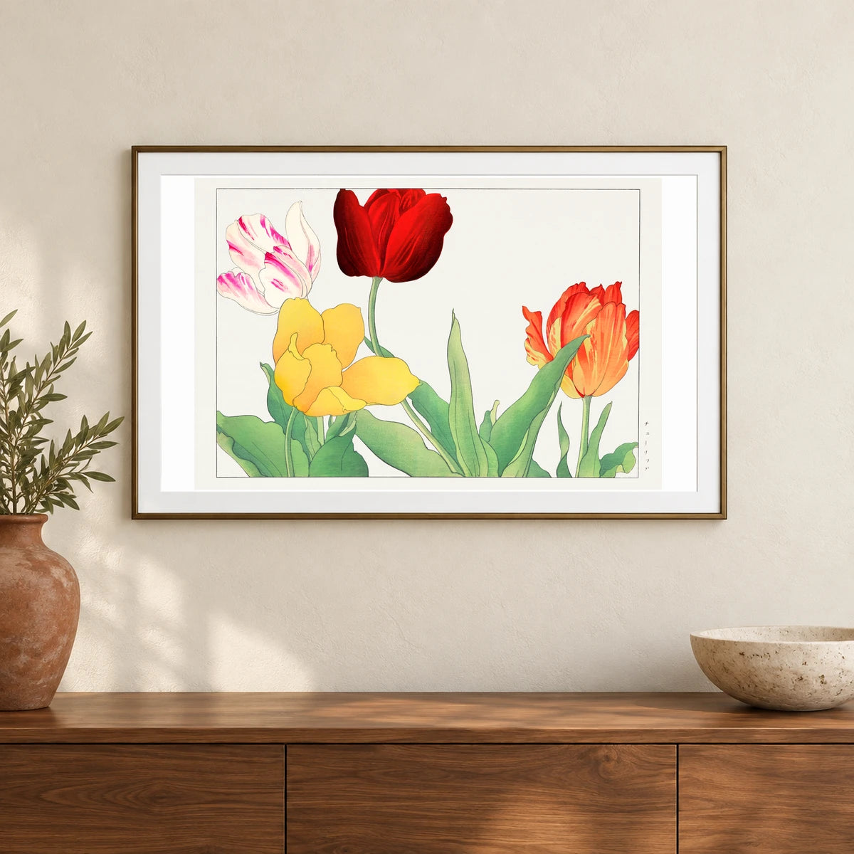 Vintage Tulip, Ukiyo E Artwork. By Tanigami Kônan. — Japanese Ukiyo-e shown in a styled interior