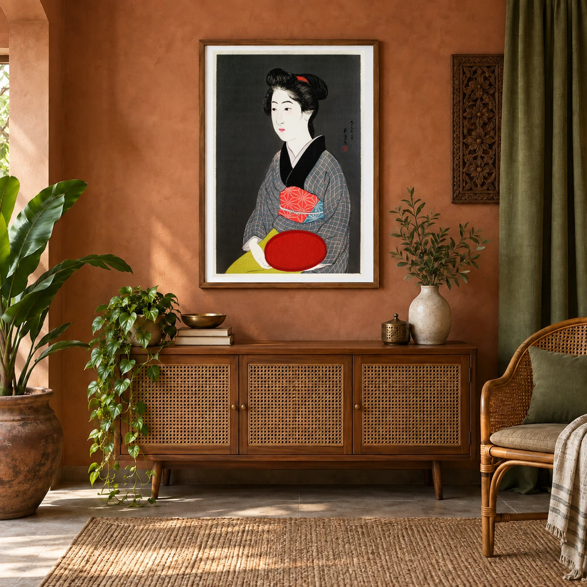 Waitress Holding A Tray (portrait Of Onao, A Maid At The Matsuyoshi Inn, Kyoto) (1920) By Goyō Hashiguchi — Japanese Ukiyo-e shown in a styled interior