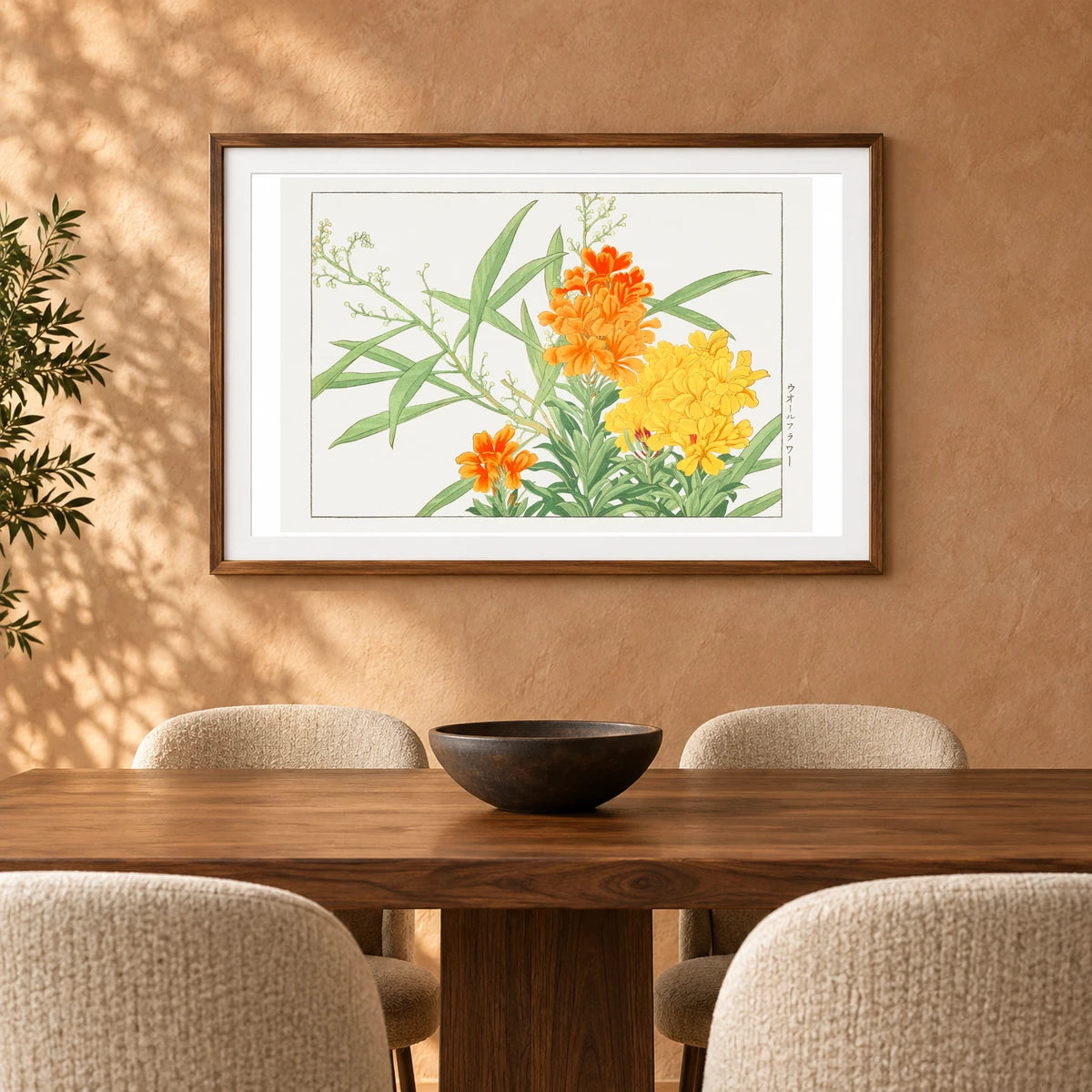 Wall Flower Woodblock Painting. By Tanigami Kônan. — Japanese Ukiyo-e shown in a styled interior