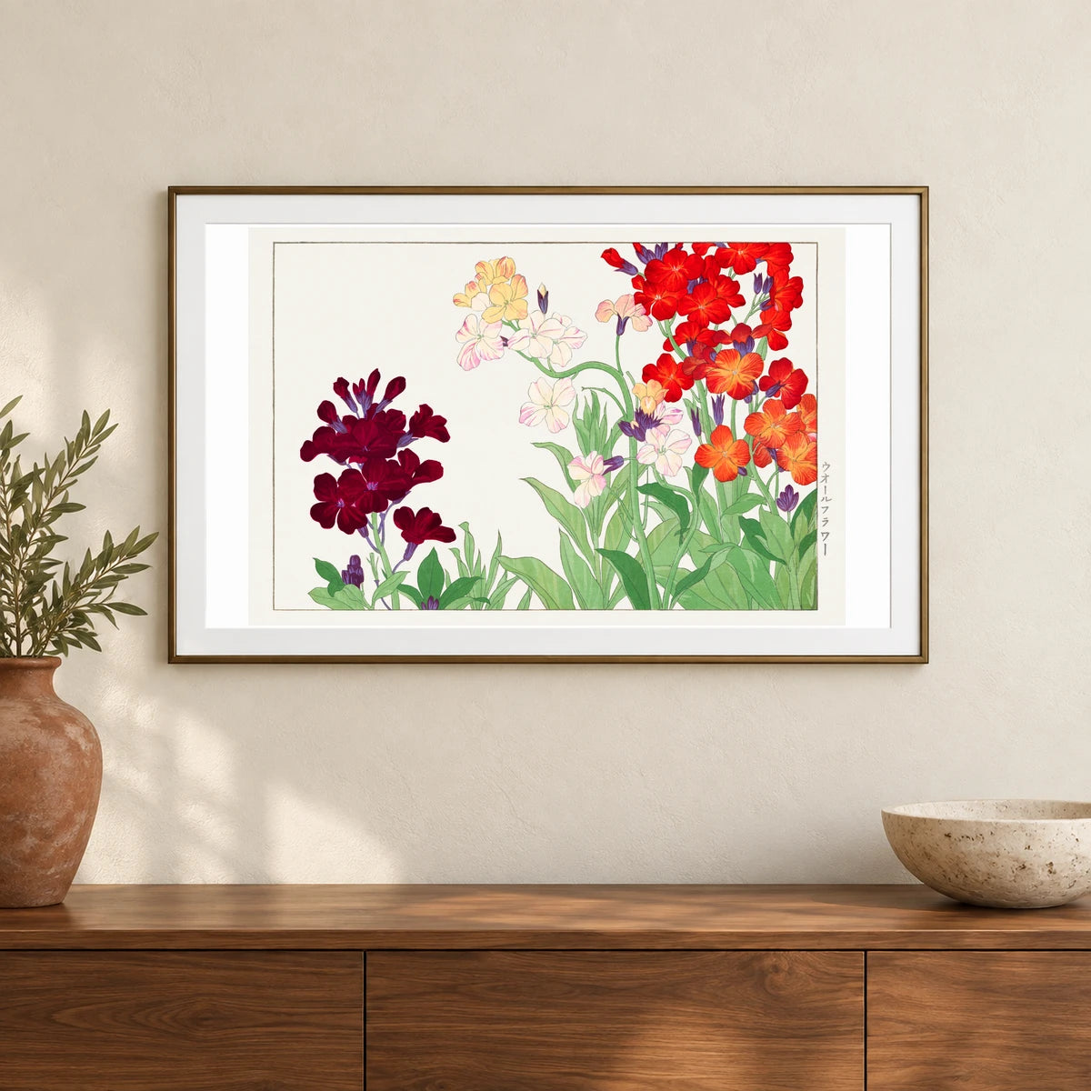 Wallflower, Japanese Woodblock Art. By Tanigami Kônan. — Japanese Ukiyo-e shown in a styled interior
