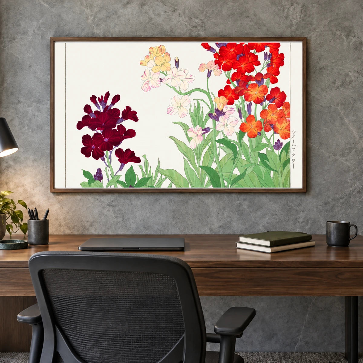 Wallflower, Japanese Woodblock Art. By Tanigami Kônan. — Japanese Ukiyo-e shown in a styled interior