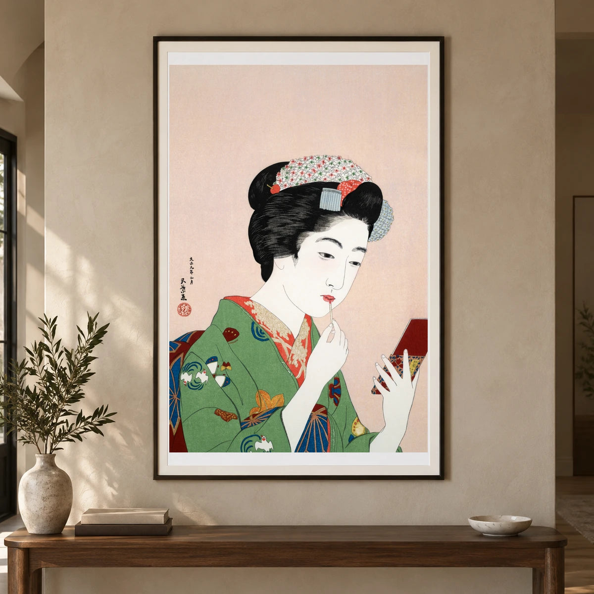 Woman Applying Rouge (1920) Print In High Resolution By Goyō Hashiguchi — Japanese Ukiyo-e shown in a styled interior
