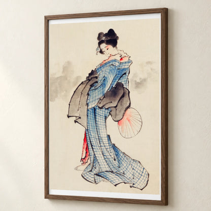 Woman, Full Length Portrait, Standing, Facing Left, Holding Fan In Right Hand, Wearing Kimono With Check Design By Katsushika Hokusai — Japanese Ukiyo-e japanese ukiyo-e print by SaamCrafts