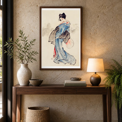 Woman, Full Length Portrait, Standing, Facing Left, Holding Fan In Right Hand, Wearing Kimono With Check Design By Katsushika Hokusai — Japanese Ukiyo-e shown in a styled interior