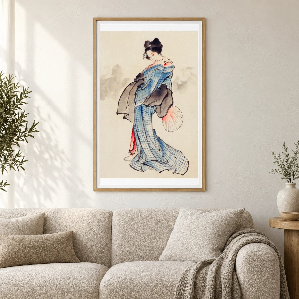 Woman, Full Length Portrait, Standing, Facing Left, Holding Fan In Right Hand, Wearing Kimono With Check Design By Katsushika Hokusai — Japanese Ukiyo-e shown in a styled interior