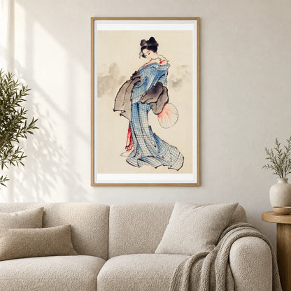Woman, Full Length Portrait, Standing, Facing Left, Holding Fan In Right Hand, Wearing Kimono With Check Design By Katsushika Hokusai — Japanese Ukiyo-e shown in a styled interior
