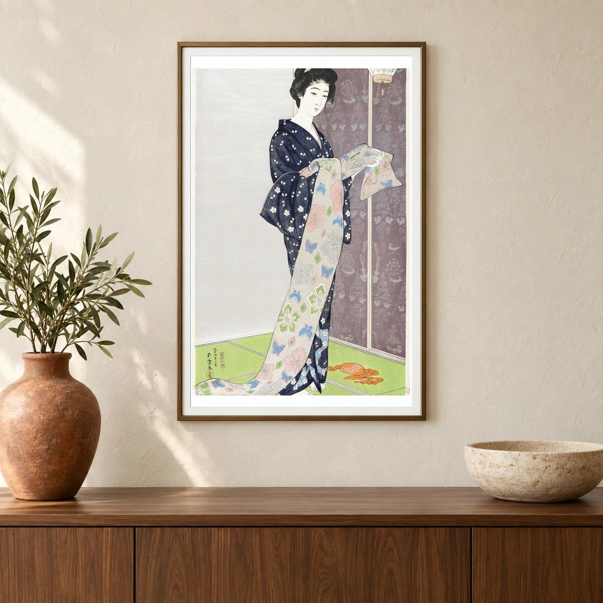 Young Woman In A Summer Kimono Natsu Yosoi No Musume (1920) By Goyō Hashiguchi — Japanese Ukiyo-e shown in a styled interior