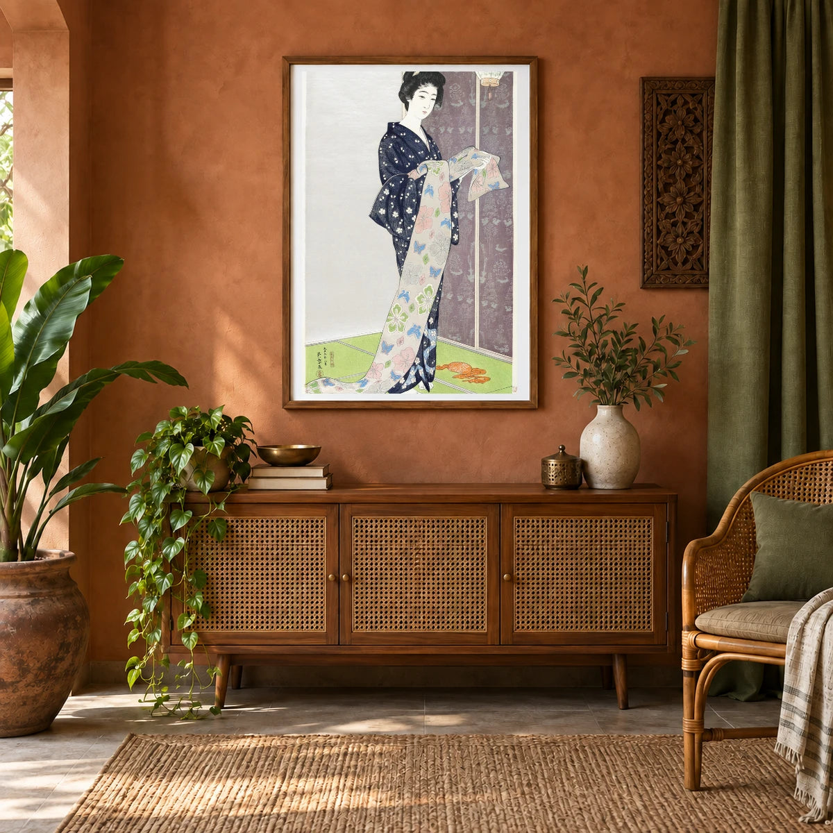 Young Woman In A Summer Kimono Natsu Yosoi No Musume (1920) By Goyō Hashiguchi — Japanese Ukiyo-e shown in a styled interior