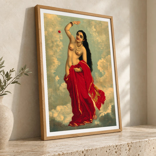 Half Clothed Tilottama Flying In The Sky Playing With A Red Wellcome — Raja Ravi Varma raja ravi varma print by SaamCrafts