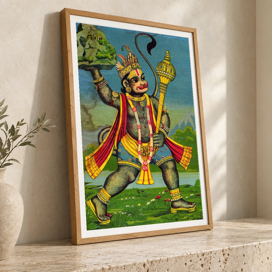 Hanuman Fetches The Herb Bearing Mountain — Raja Ravi Varma raja ravi varma print by SaamCrafts