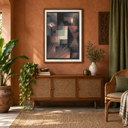 Abstract. Red And Green Gradation [with Some Cinnibar In Vertical Format] (1921) — Paul Klee shown in a styled interior