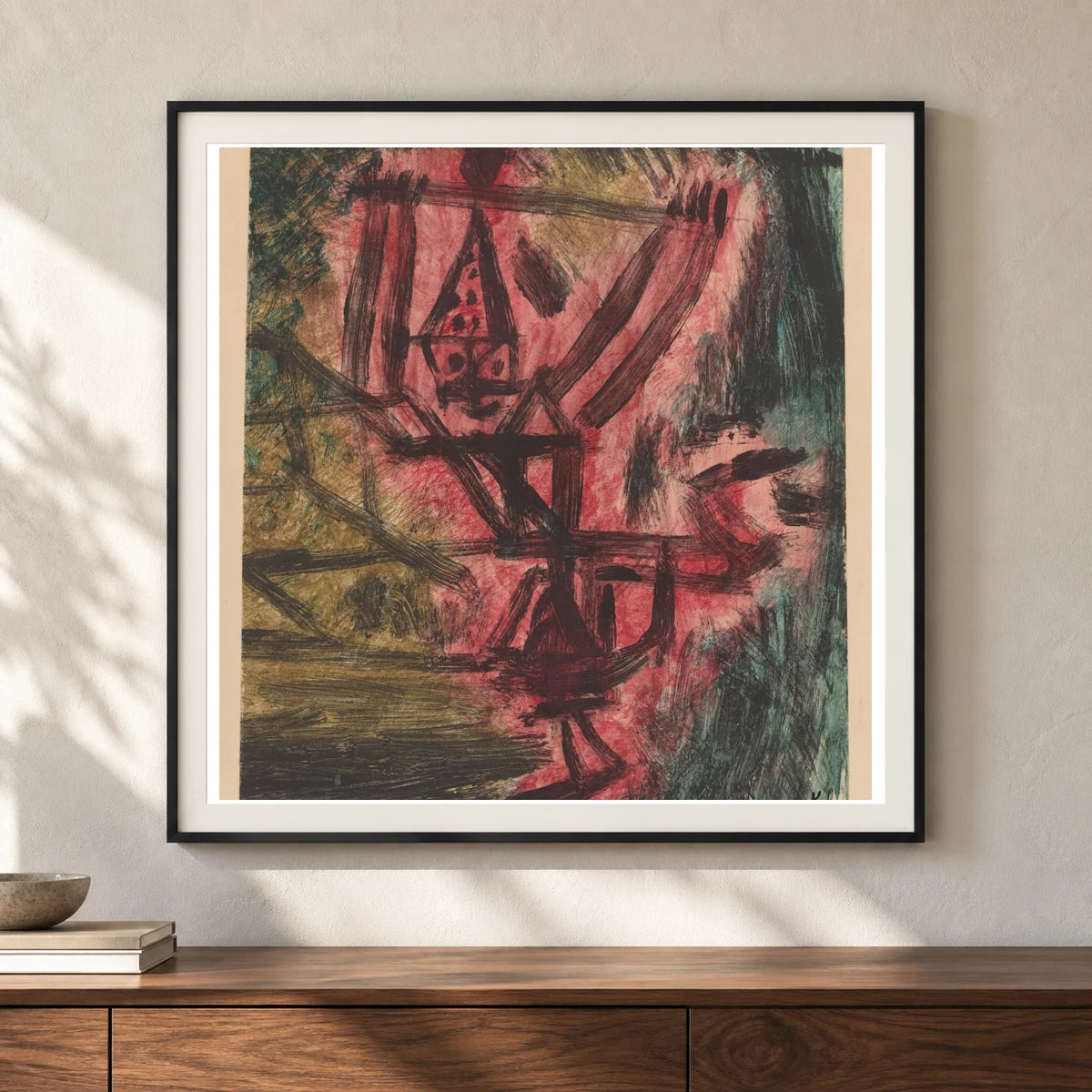 Feuer Clown I (fire Clown) (1921) — Paul Klee shown in a styled interior