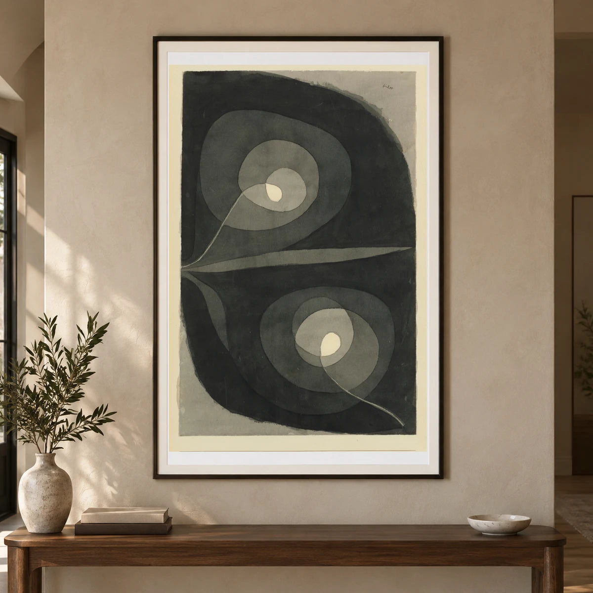 Spiralschraubenblüten I (spiral Screw Flowers I) (1932) — Paul Klee shown in a styled interior