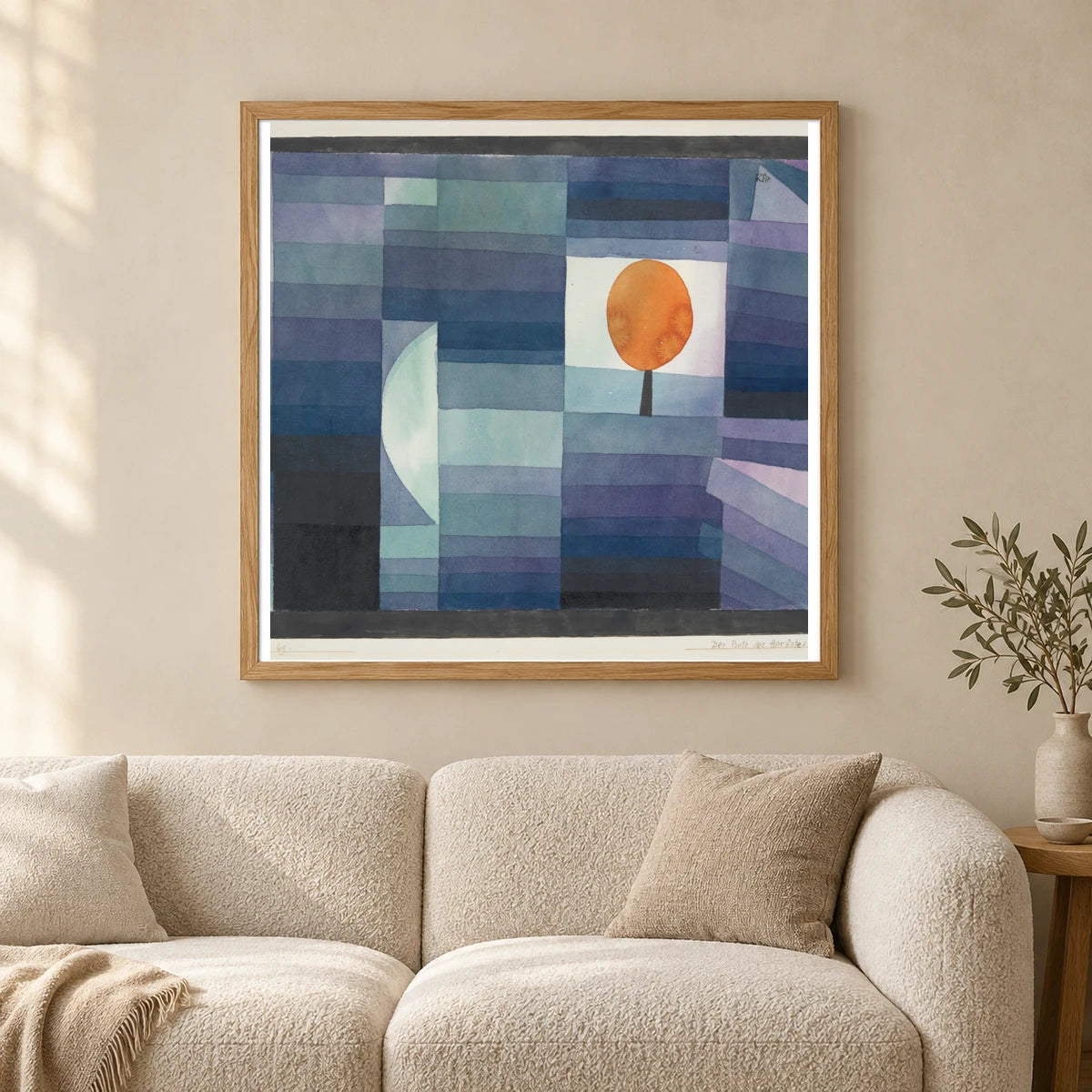 The Harbinger Of Autumn [green And Violet Gradation With Orange Accent] (1922) — Paul Klee shown in a styled interior