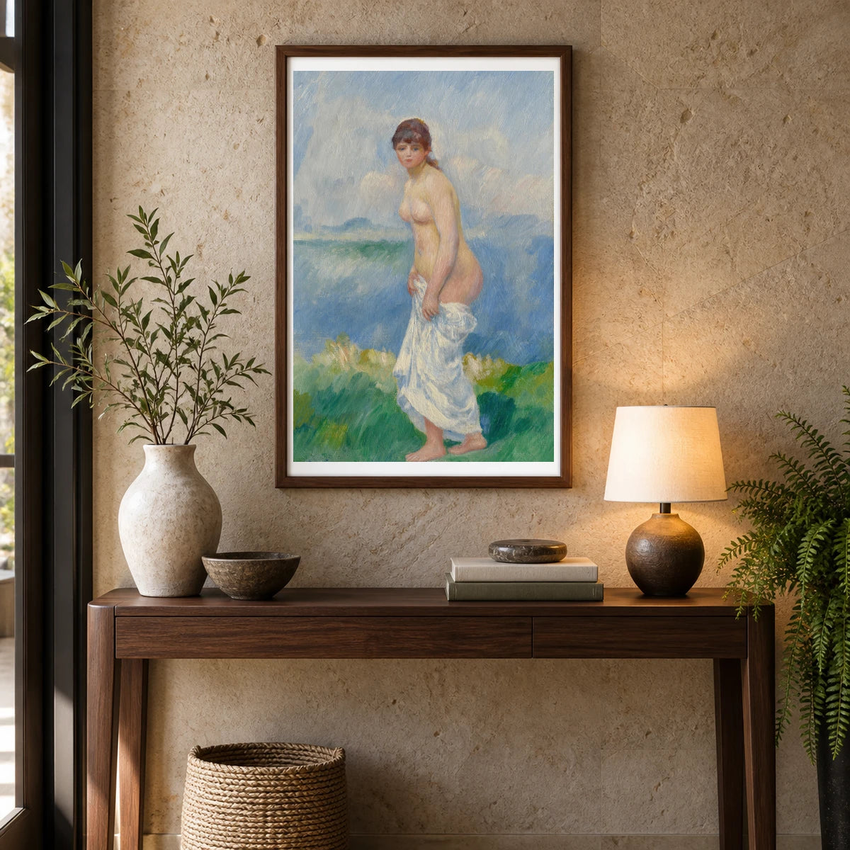 Standing Bather (c. 1885) — Pierre-Auguste Renoir shown in a styled interior