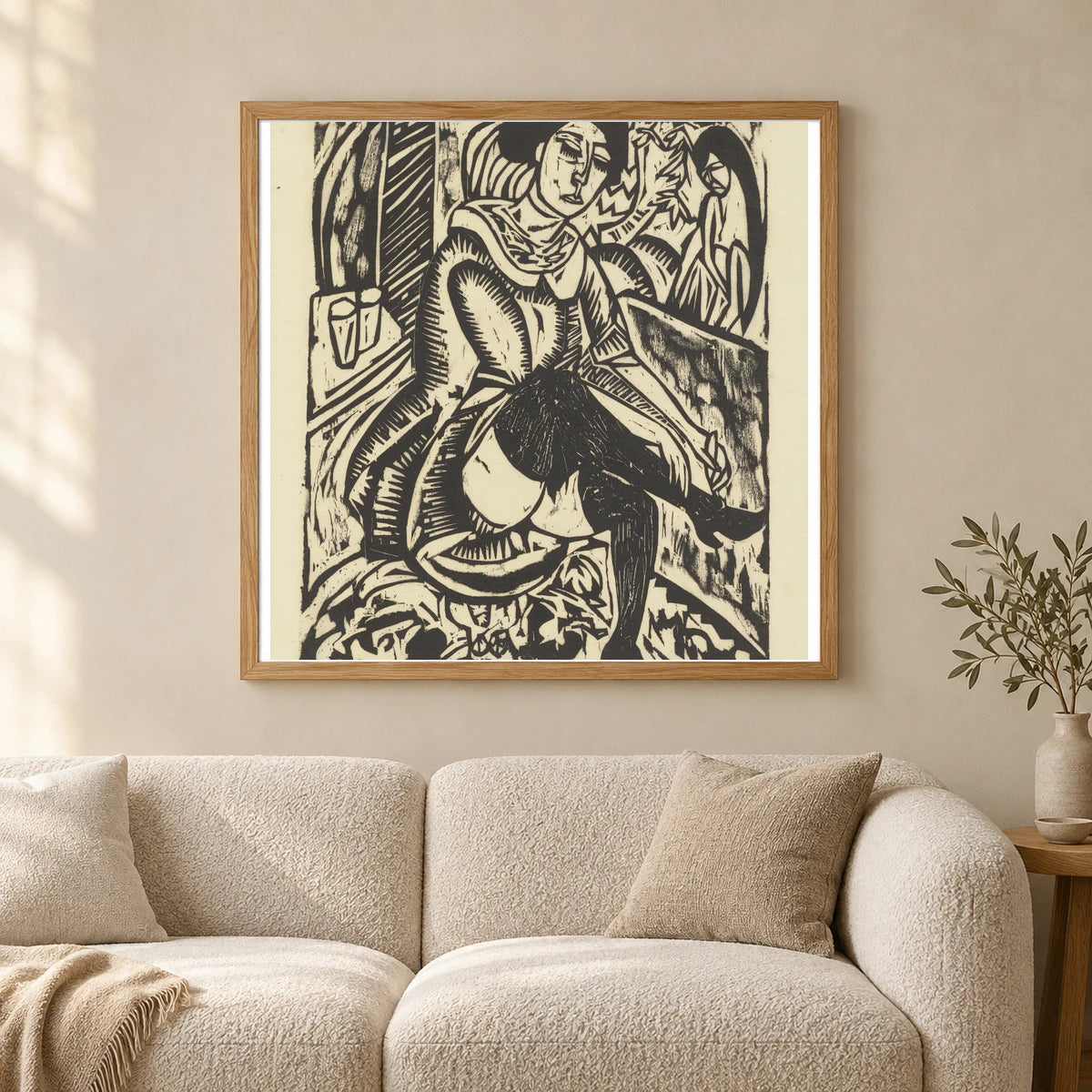 Frau, Schuh Zuknüpfend (1912) — Ernst Ludwig Kirchner shown in a styled interior