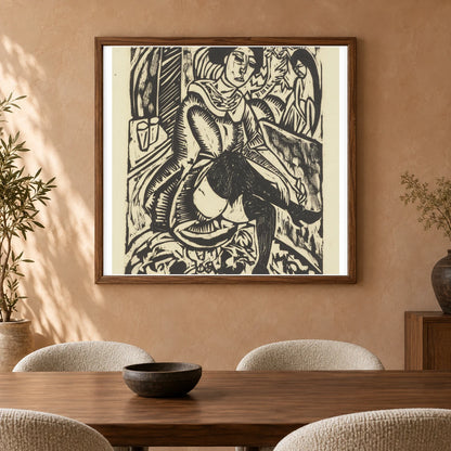 Frau, Schuh Zuknüpfend (1912) — Ernst Ludwig Kirchner shown in a styled interior