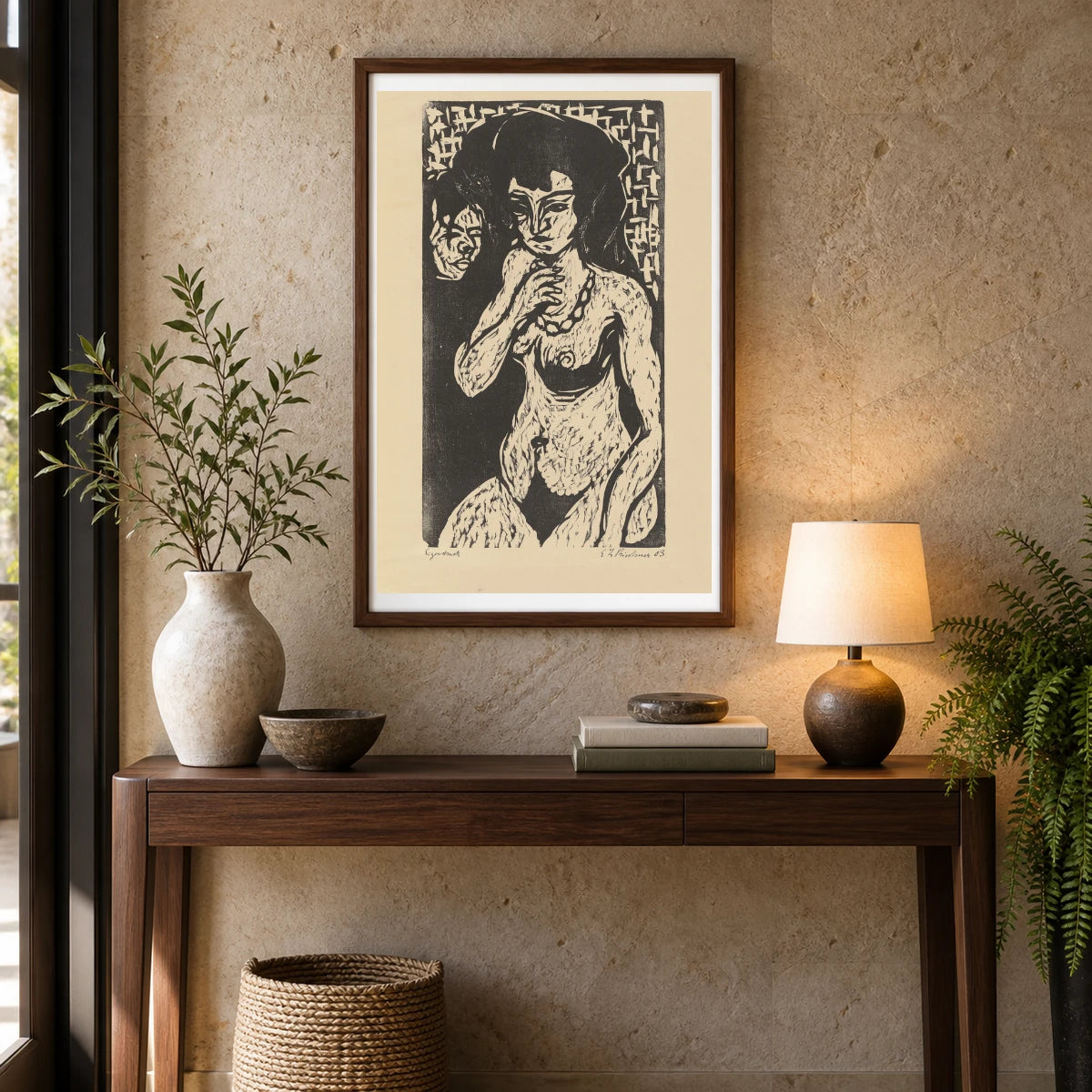Mädchenakt Mit Selbstbildnis. – Nacktes Mädchen Mit Kette (1903) — Ernst Ludwig Kirchner shown in a styled interior