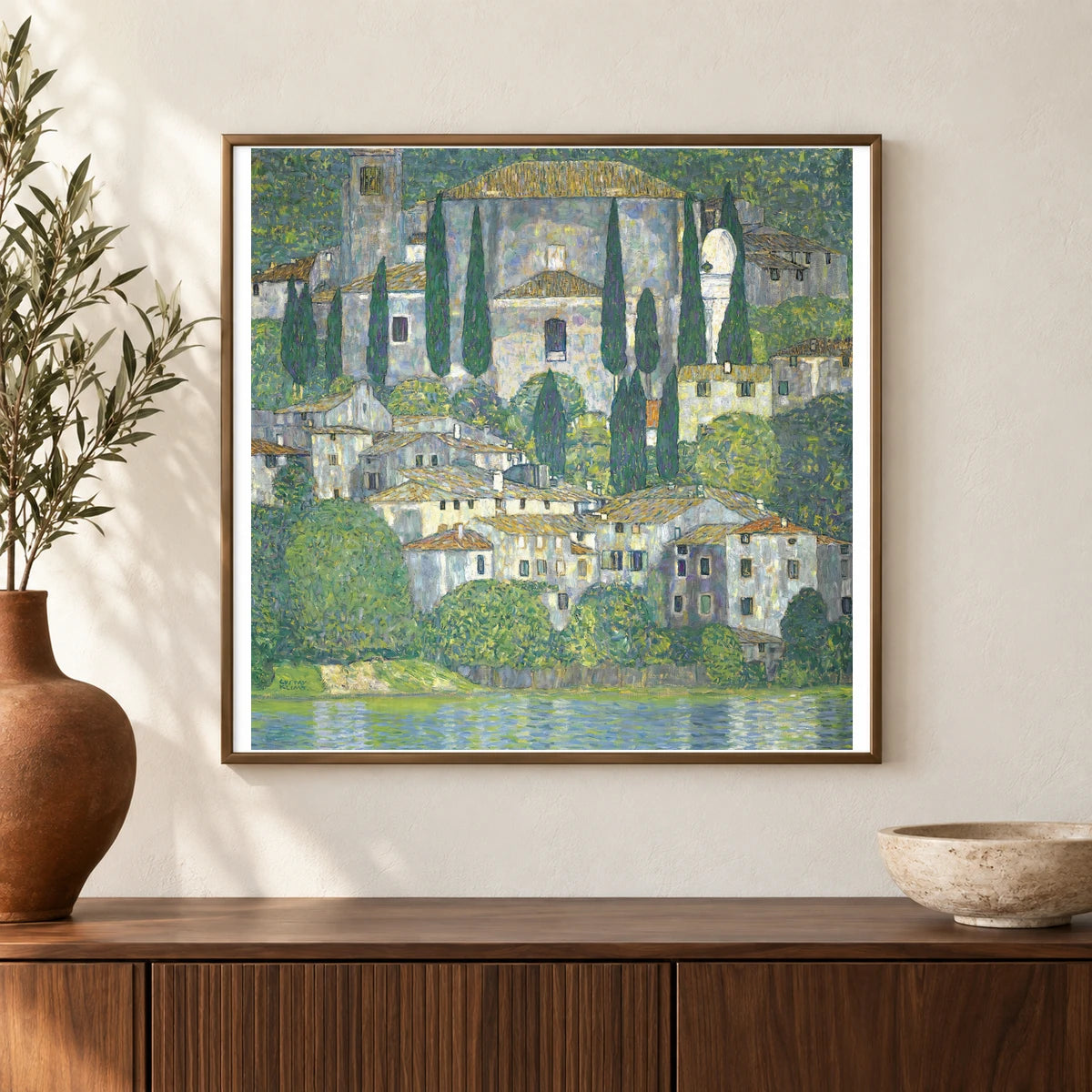 Church In Cassone – Landscape With Cypresses — Gustav Klimt shown in a styled interior
