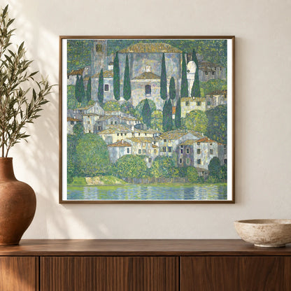 Church In Cassone – Landscape With Cypresses — Gustav Klimt shown in a styled interior