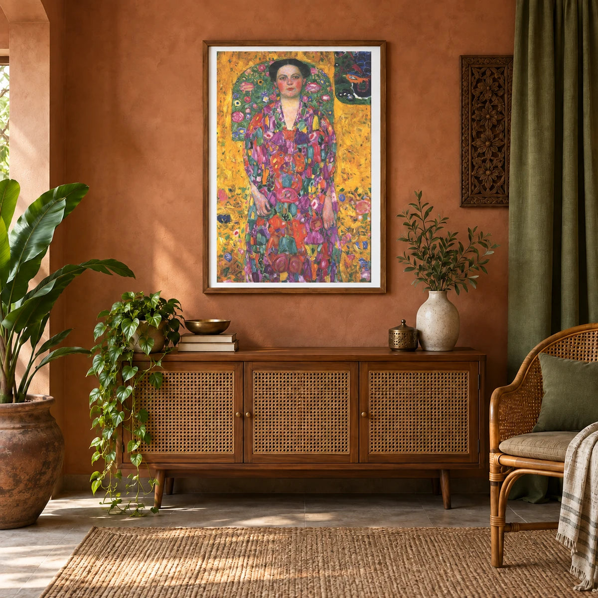 Portrait Of Eugenia Primavesi (1913) — Gustav Klimt shown in a styled interior